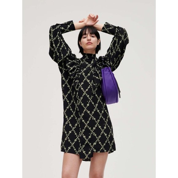 Ganni Dresses & Skirts - NWT GANNI Crepe Floral Print Mini Dress in Black Margarita Ruffle  sz 36 /655